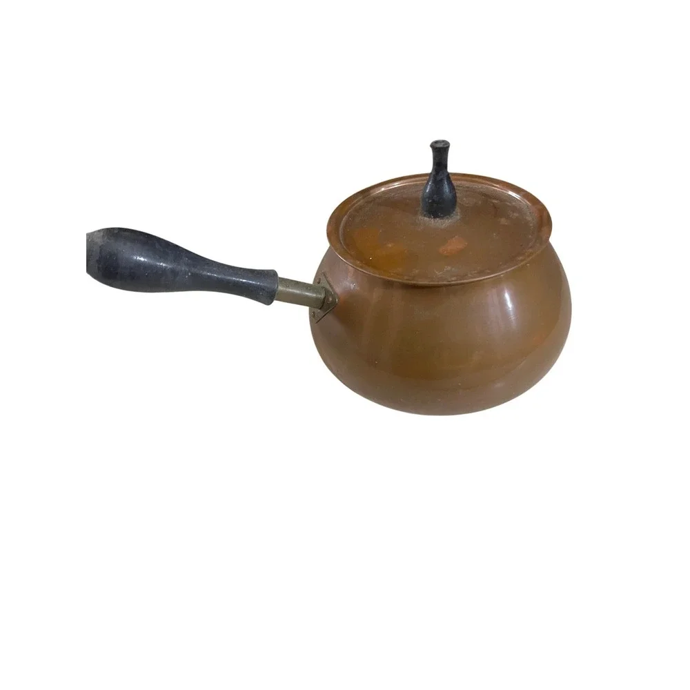 Vintage Copper Fondue Pot with Lid and Wooden Handle Rustic Kitchen Decor‎